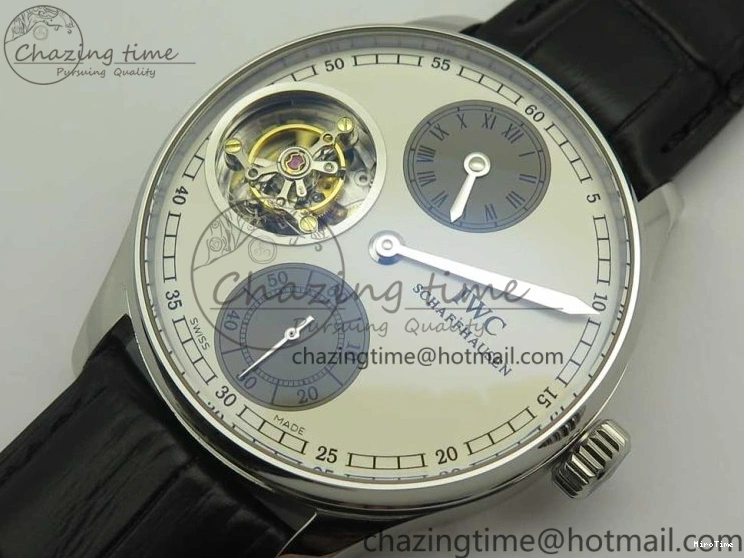 MIROTIME 0426 Upgraded Portuguese Flying Tourbillon SS White Dial 2 Sub Dials on Black Leather Strap 7161